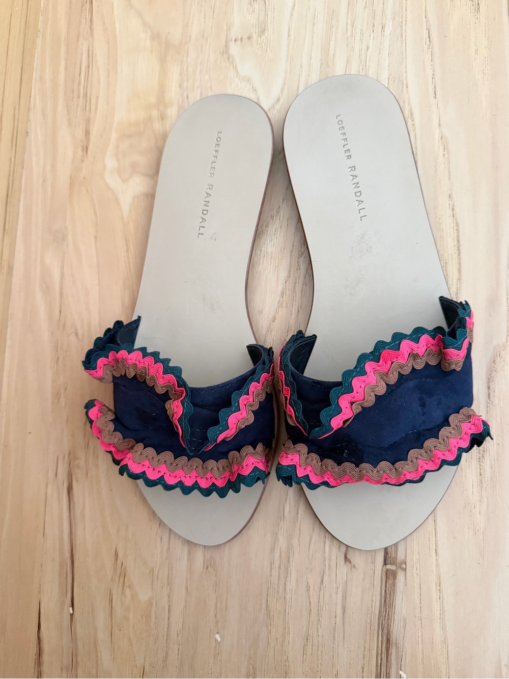 Loeffler Randall Navy Suede Slides with Pink and Brown Rickrack Trim